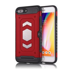 iPhone 8 Plus / 7 Plus Metallic Plate Case Work with Magnetic Holder and Card Slot (Red)